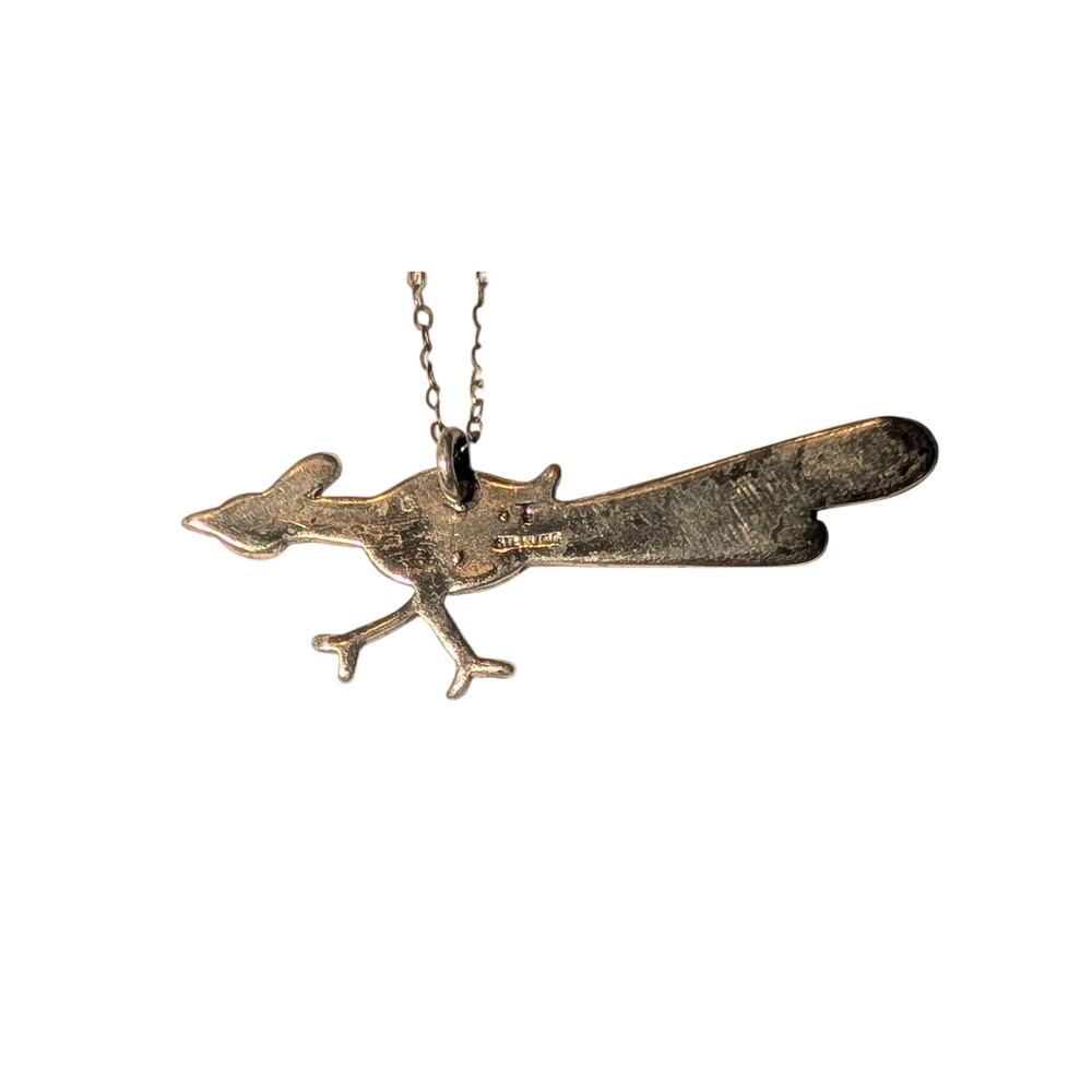 Sterling Silver Roadrunner Pendant Turquoise Inlay 16-In Chain Southwest - Picture 5 of 8